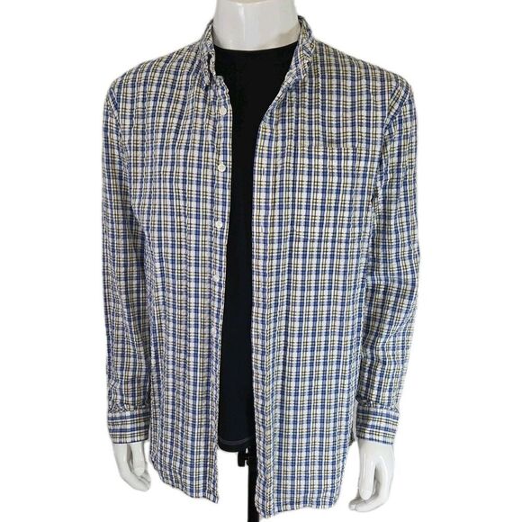 LL Bean Seersucker Textured Shirt Blue Yellow Plaid Button Down Men's LT - Picture 1 of 13